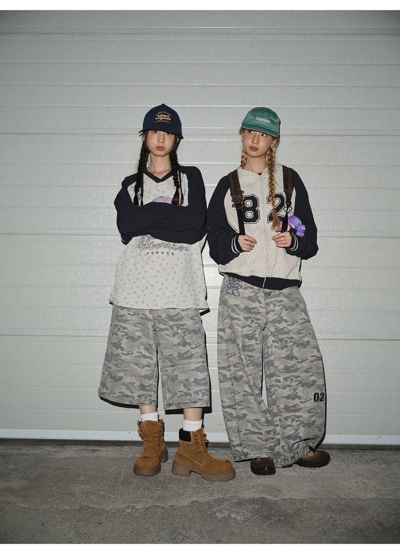 odd maker小熊绣花复古水洗迷彩廓形弯刀气氛七分裤长裤女阔腿直 - 女装长裤 - 棉．麻 