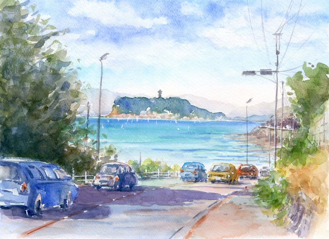Produced to order Watercolor original picture Enoshima distant view, near Inamuragasaki - 海报/装饰画/版画 - 纸 蓝色