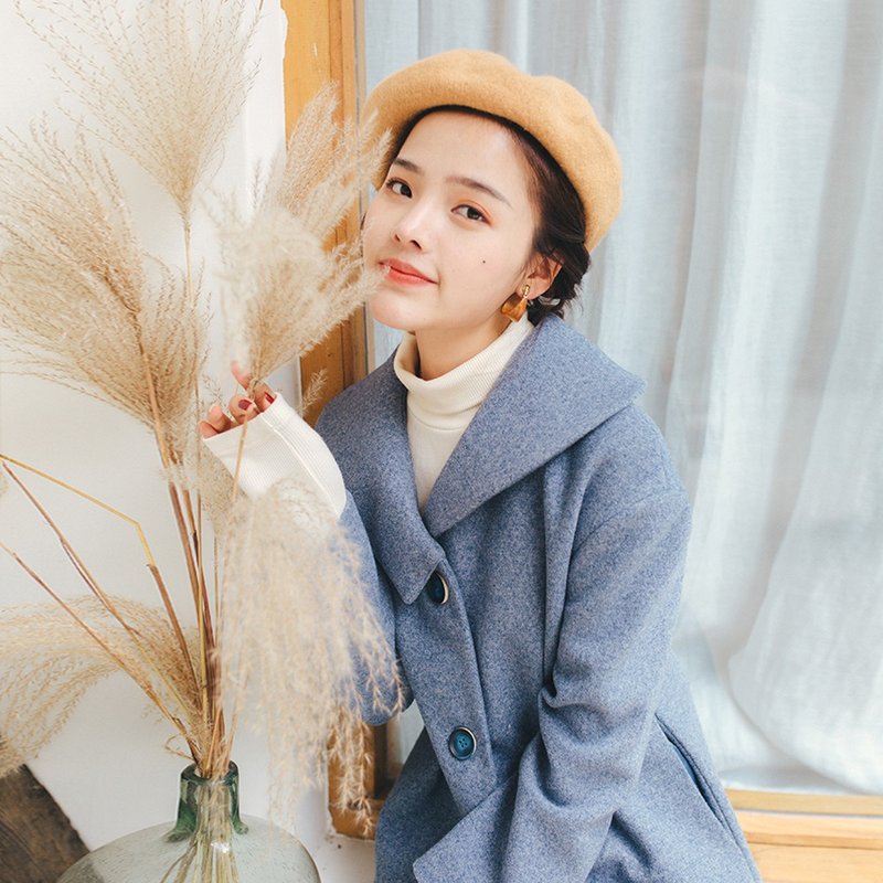 2018秋冬女装新品纯色大翻领收腰呢外套 - 女装休闲/机能外套 - 聚酯纤维 蓝色