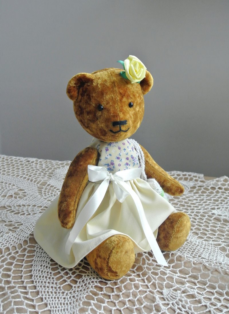 玩具熊 Yellow Teddy Bear in a dress Artist doll bear stuffed toy jointed ooak 玩具娃娃 - 玩具/玩偶 - 其他人造纤维 黄色