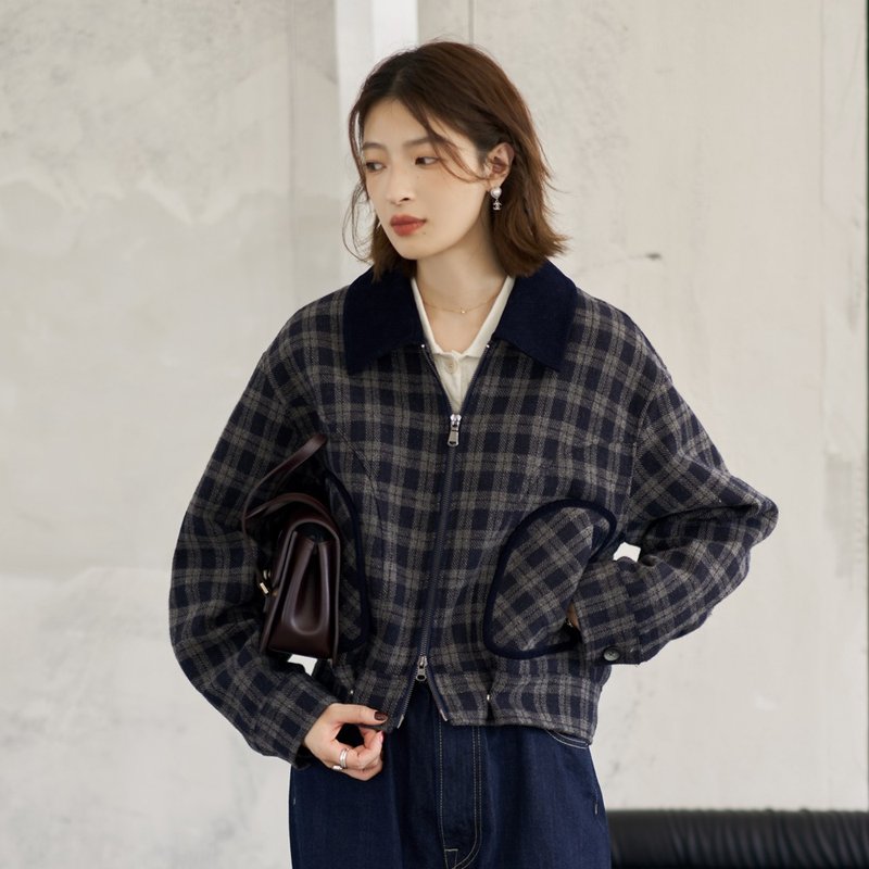藏青格纹翻领夹克棉服|外套|秋冬款|Sora-1360 - 女装休闲/机能外套 - 羊毛 