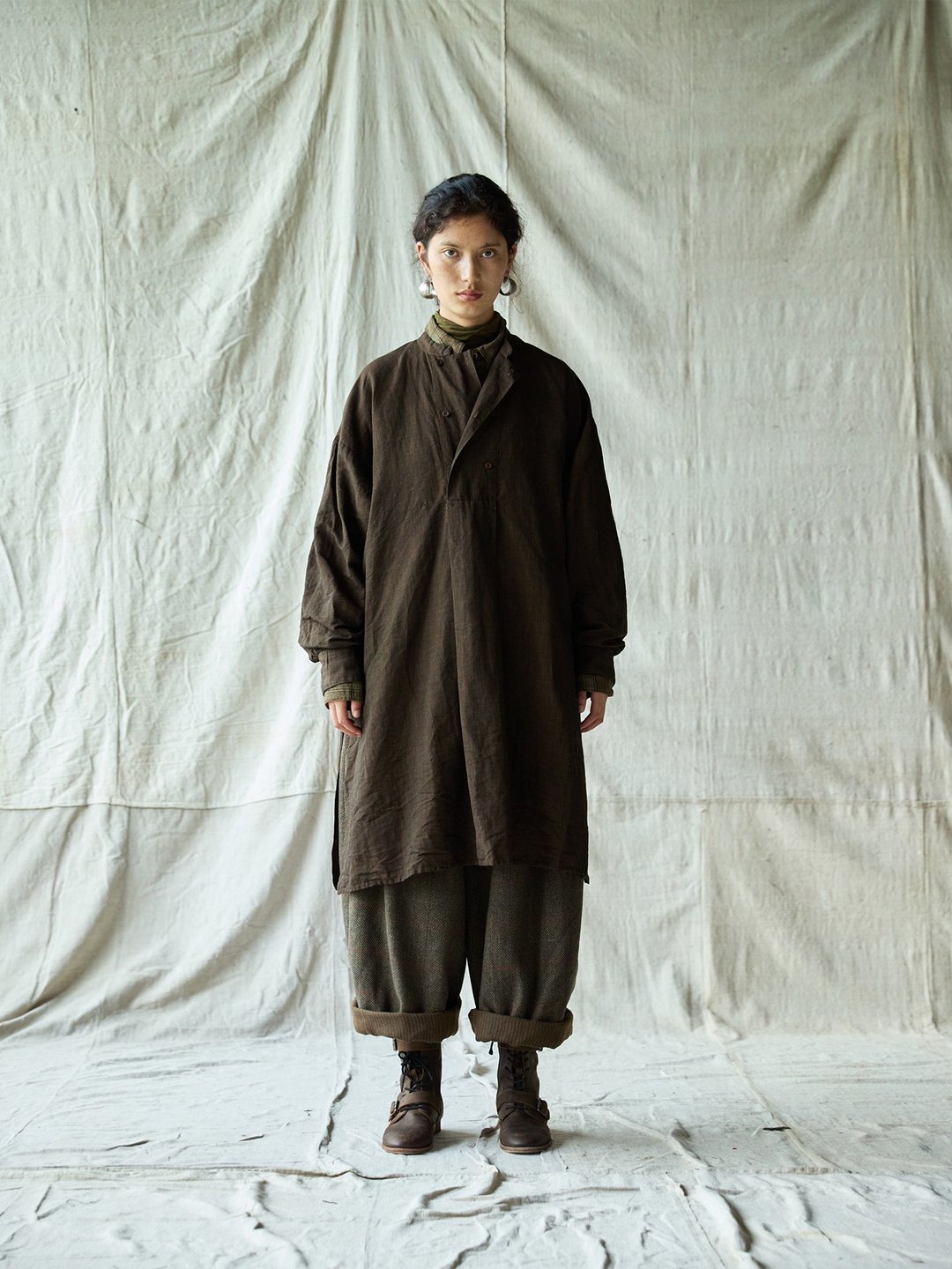 日系复古 亚麻连身裙 休闲立领袍子 - 女装休闲/机能外套 - 其他材质 