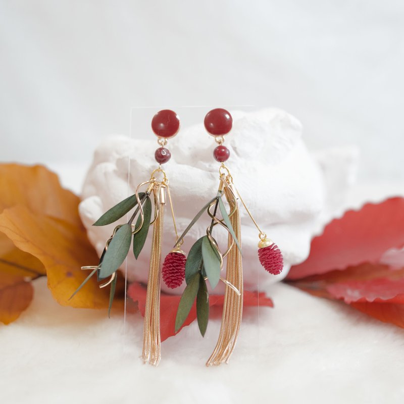 果实耳环 | 尤加利叶 x 桑椹 x 流苏 |  (造型耳针 款) - 耳环/耳夹 - 植物．花 