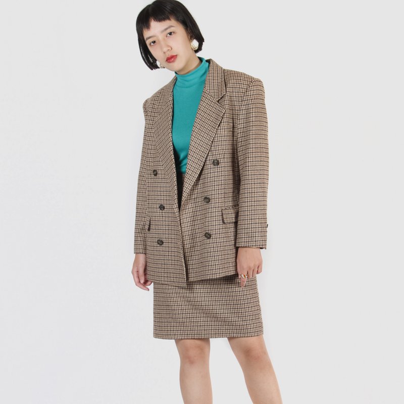 【蛋植物古着】书香千鸟格纹毛料古着套装 - 洋装/连衣裙 - 羊毛 