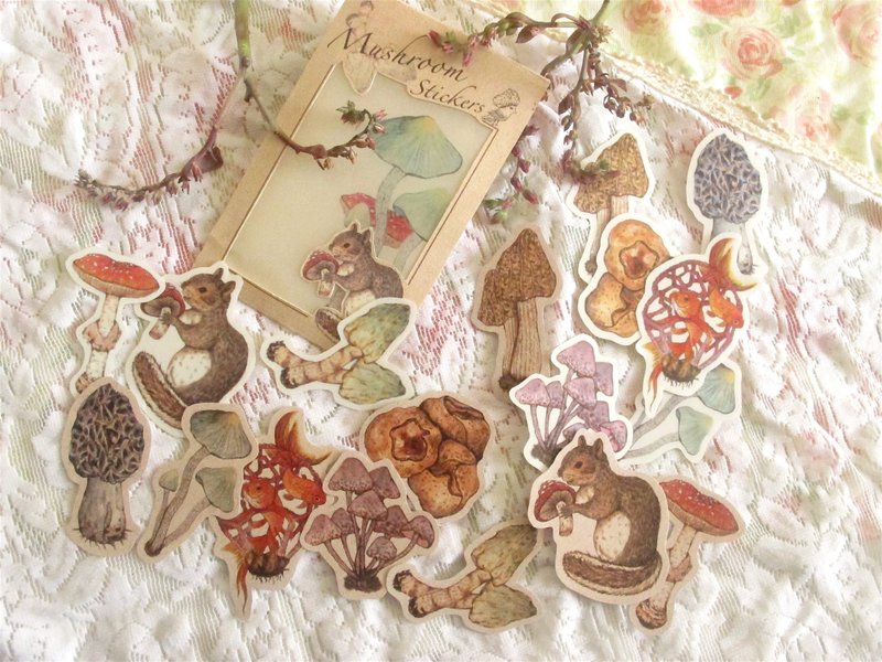 森林 蘑菇 松鼠 贴纸 - 贴纸 - 纸 咖啡色