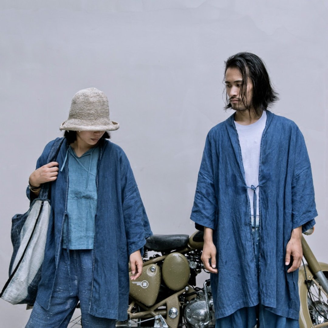 藍染道袍 | 天然植物藍染 日式繫帶寬鬆中長款外套風衣中性男女款 - 女装西装外套/风衣 - 棉 蓝色