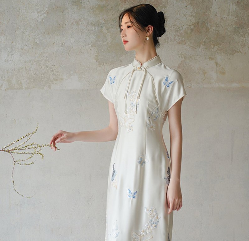 【蝴蝶刺绣】新中式复古中国风 典雅礼服连衣裙 - 洋装/连衣裙 - 其他材质 白色