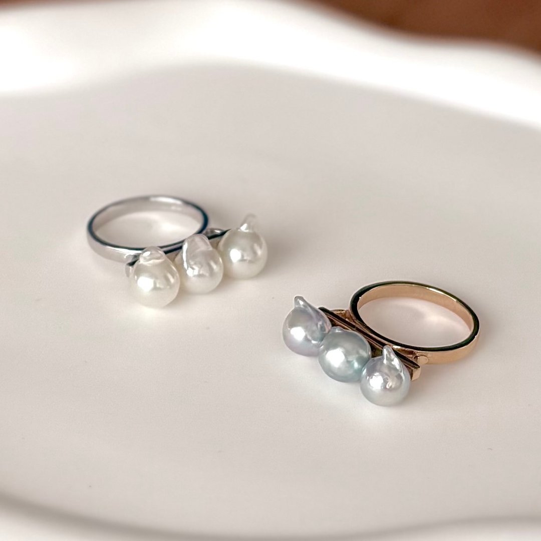 纯银 Akoya巴洛克珍珠 × 三环设计戒指 可选两色 Akoya珍珠 日本珍珠 pearl ring 珍珠戒指 진주반지 - 戒指 - 珍珠 