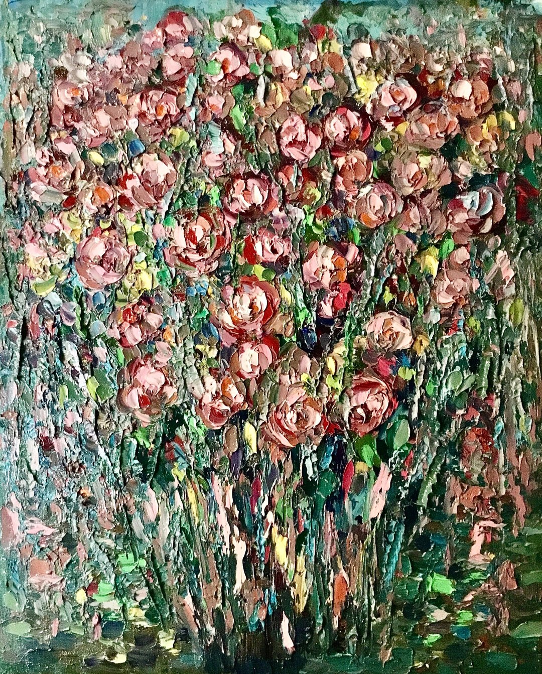 质感花卉油画 – 抽象玫瑰花园，粉色花卉厚涂艺术，O - 墙贴/壁贴 - 其他材质 红色