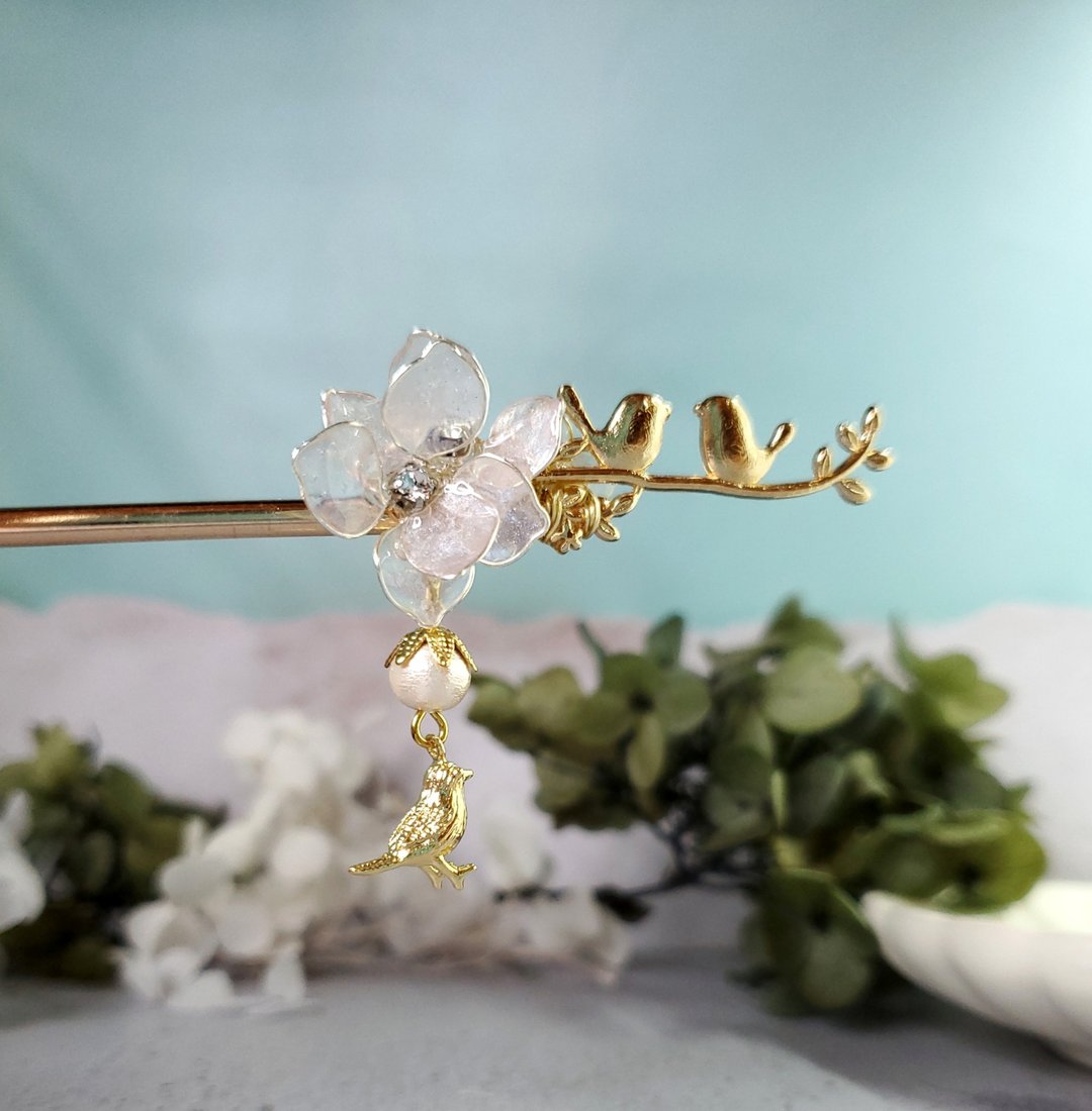鸟语花香珍珠白水晶花发簪 - 发饰 - 树脂 白色