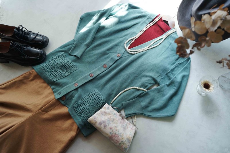 寻宝古着-湖水蓝绿藤蔓口袋开襟针织外套 - 女装针织衫/毛衣 - 羊毛 绿色