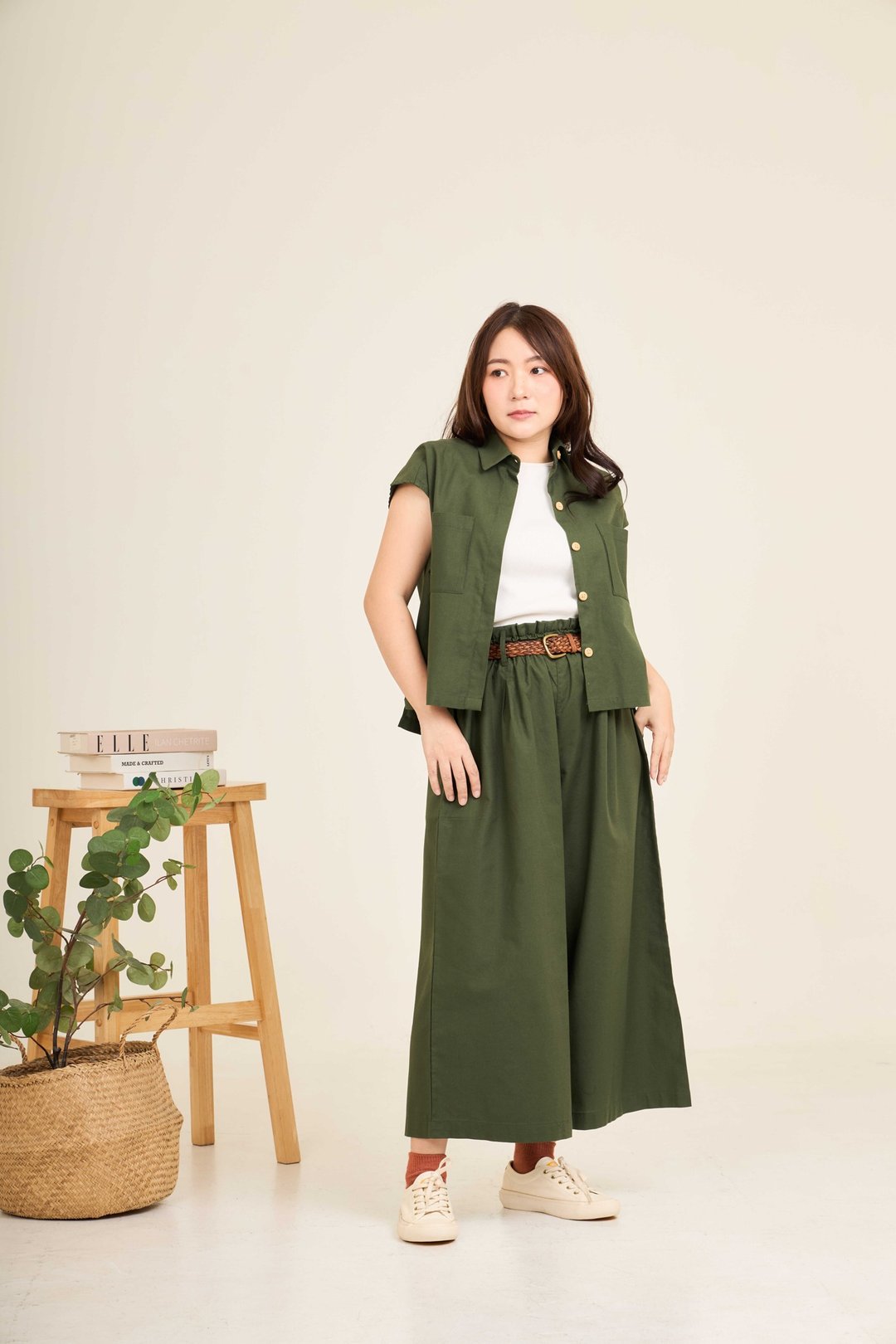 牛津棉质高腰宽裤 - CHAAIM : 绿色 - 女装长裤 - 棉 绿色