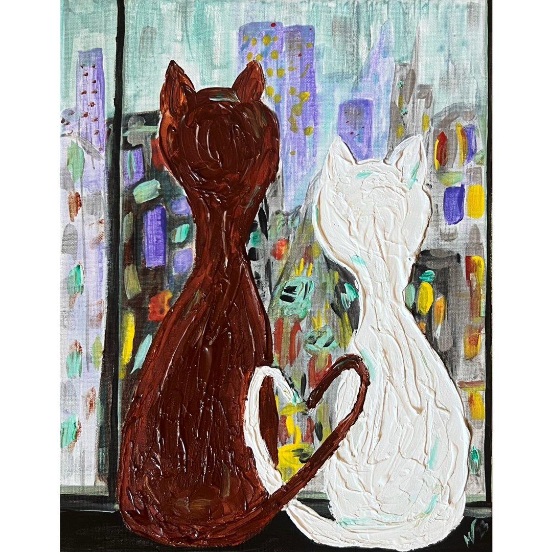 猫的风景绘画浪漫原创艺术未来派城市艺术品厚涂丙烯 - 儿童家具 - 其他材质 多色