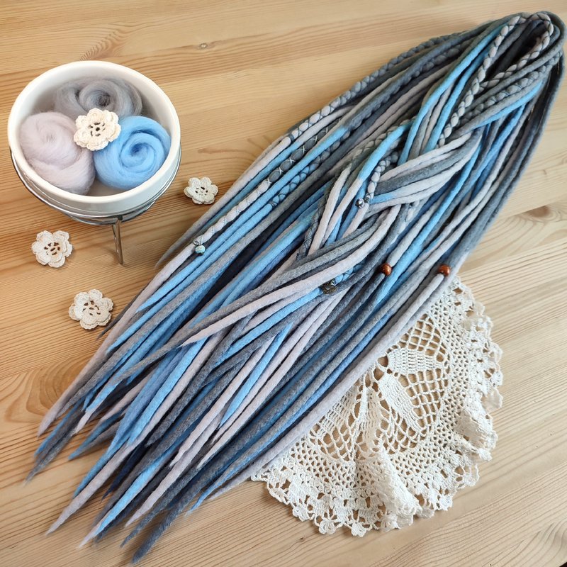 Wool Dreadlock Extensions Silver Gray Blue Dreads Gothic Lolita Witch Kawaii - 发饰 - 羊毛 多色