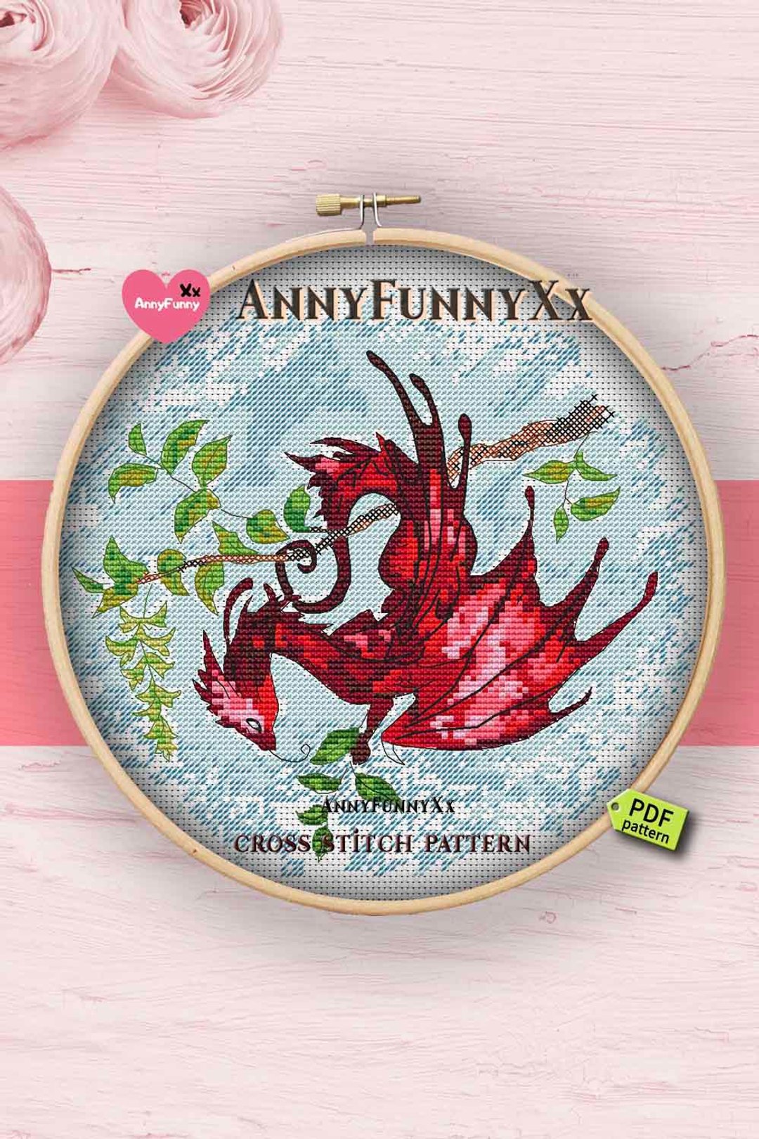 Young red Dragon cross stitch pattern PDF Fairy magic embroidery design 龙十字绣 - 手工艺教程/工具书 - 其他材质 