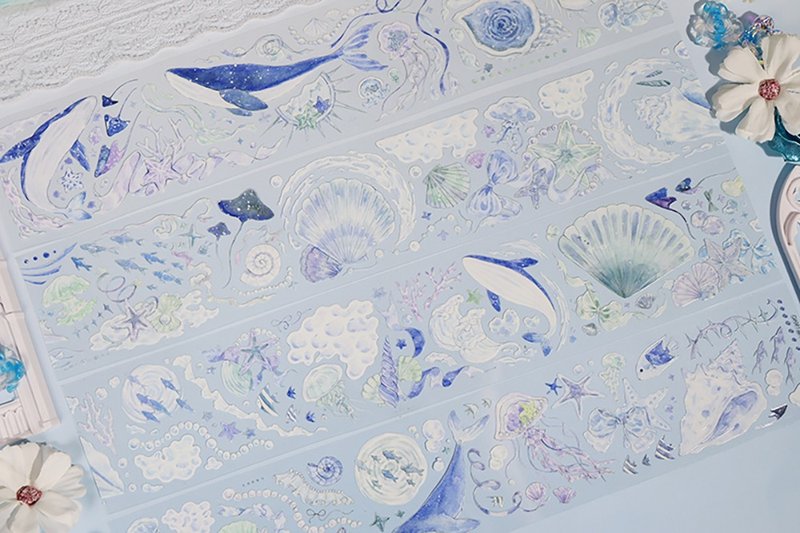 OKMT新七天原创 海洋造景流麻咕卡贴纸PET手帐手账胶带 幻海梦境 - 纸胶带 - 塑料 蓝色