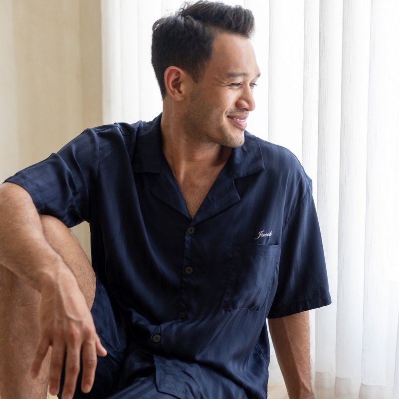 隐世岛屿 奥地利兰精Tencel布料短袖居家男士套装-藏青深蓝 - 居家服/睡衣 - 棉．麻 蓝色