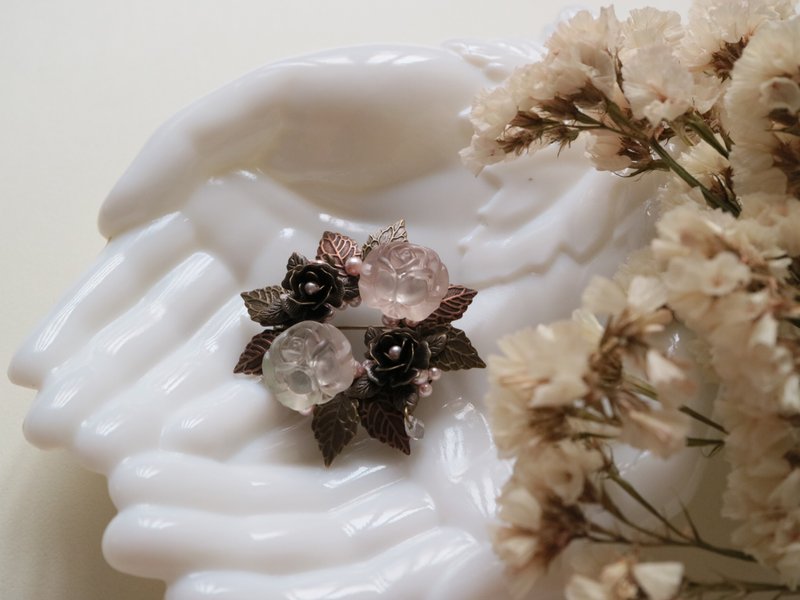 玫瑰琥珀糖 胸针 玫瑰 甜点主题 糖果 奥地利水晶 珍珠 粉色 古金色 古铜色 - 胸针 - 玻璃 粉红色