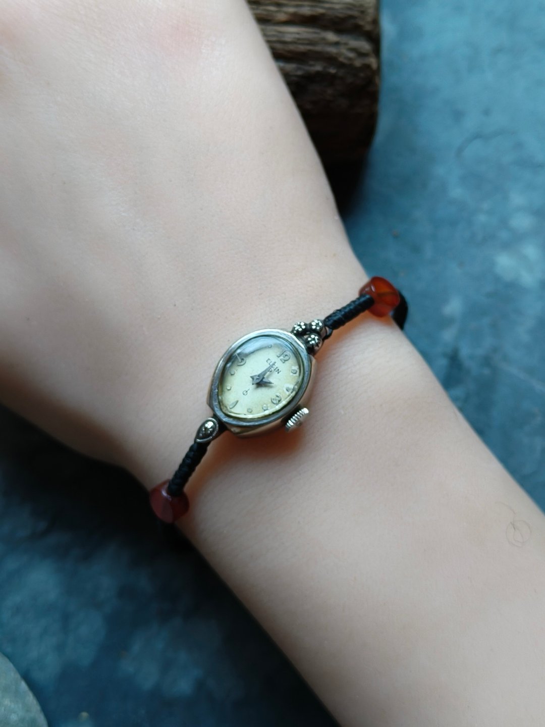 稀有Elgin 编织带银扣 10k包金 真钻古董表 机械手上链表 - 女表 - 其他金属 银色