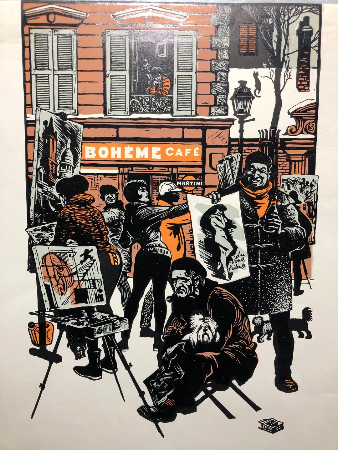 巴黎，蒙马特的日常生活，彩色油毡版画，乔治·马拉科夫，1962年 - 海报/装饰画/版画 - 纸 