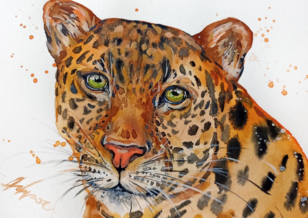 Leopard watercolor original 5x7 inch painting animal by Anne Gorywine - 墙贴/壁贴 - 纸 银色