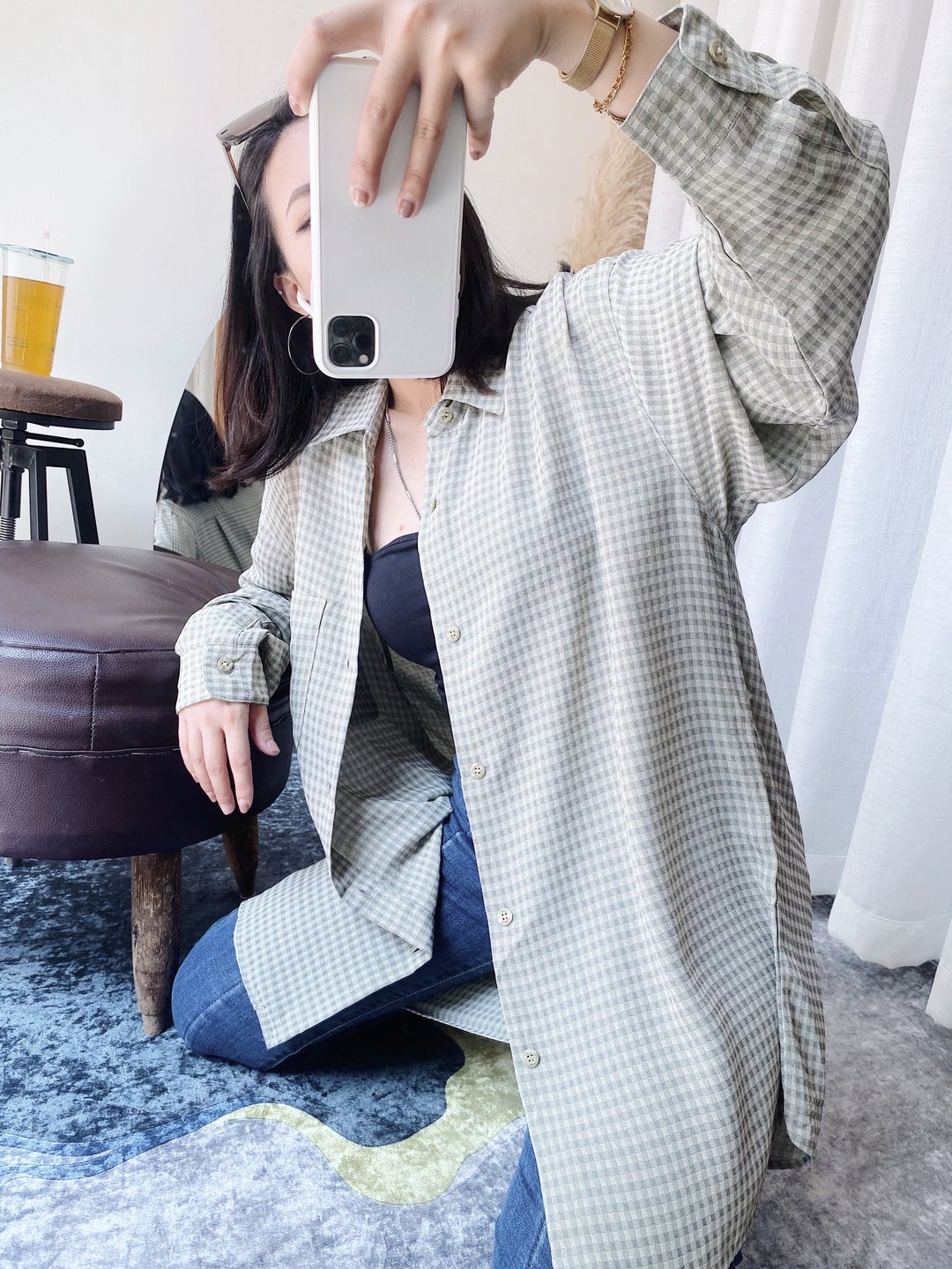 灰绿垂坠细格纹宽松休闲手札 古着薄料纺纱衬衫上衣 vintage - 女装衬衫 - 聚酯纤维 灰色