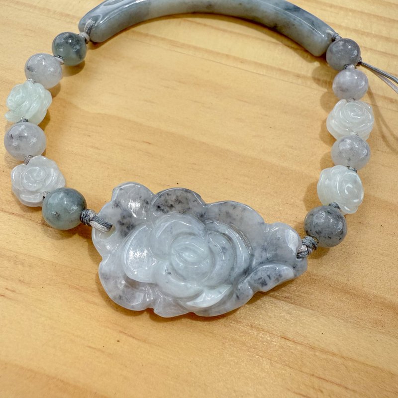 手工玉石手链 - 灰玉牡丹 - 手链/手环 - 玉石 银色