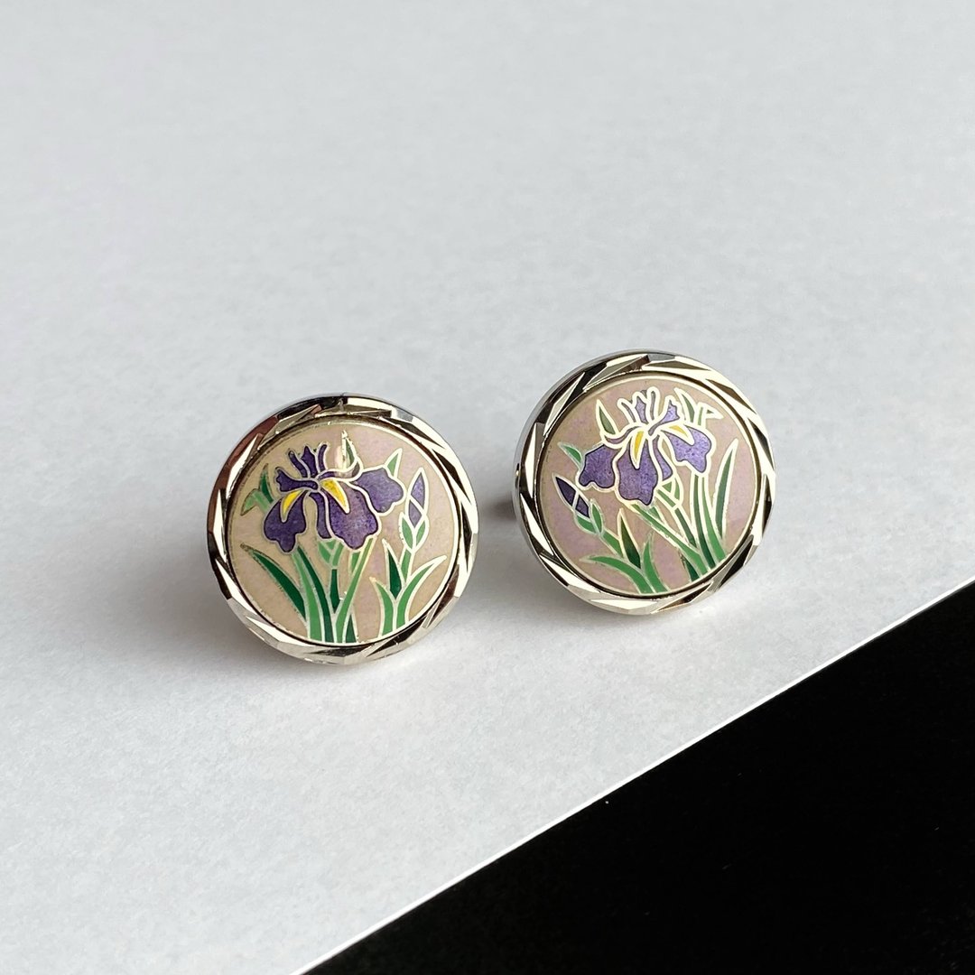 银燕子花【薰衣草紫】七宝烧袖扣 (Cufflinks) 纯银金属七宝烧 银质配件 - 袖扣 - 银 紫色