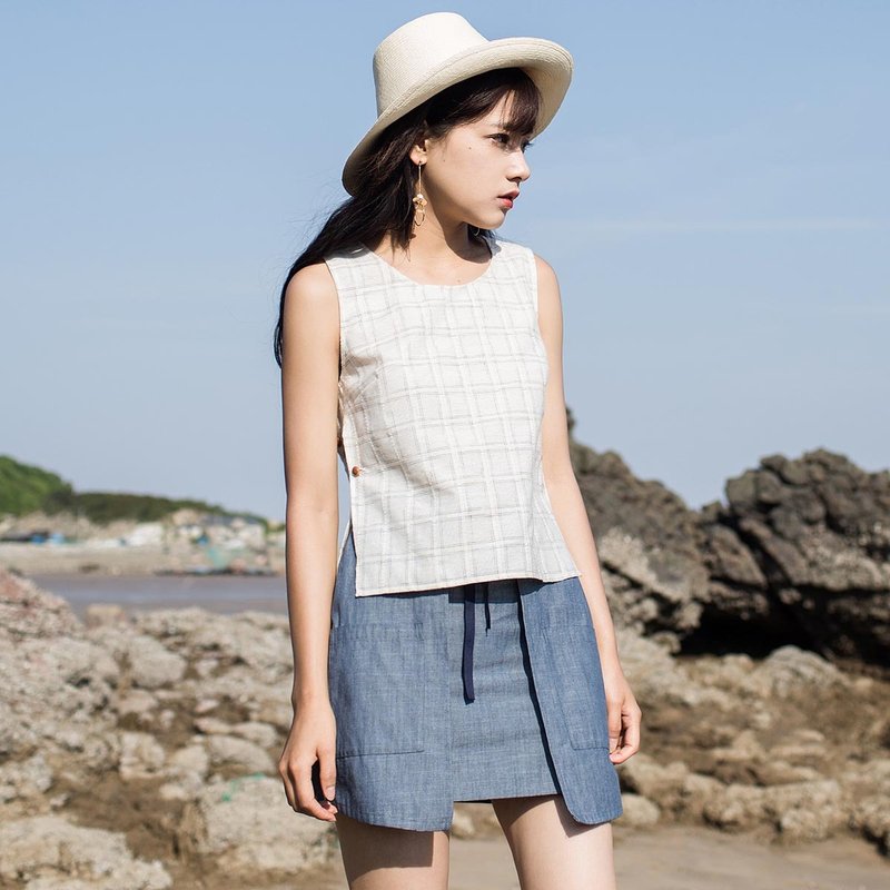 安妮陈2017夏装新款女士侧开衩格子上衣 - 女装上衣 - 棉．麻 咖啡色