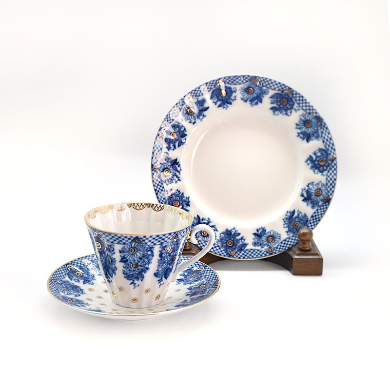 花篮盛景-22K金手工三件式杯盘礼组 - 咖啡杯/马克杯 - 瓷 蓝色