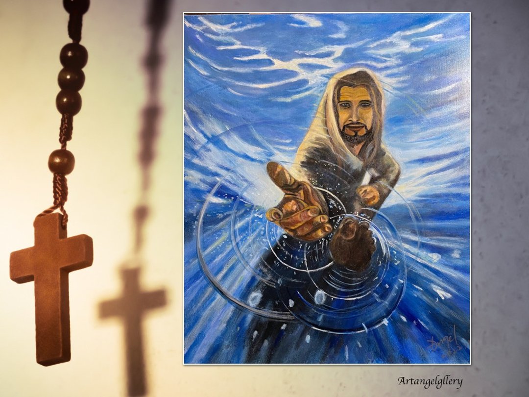 天使画廊/ 手工油画/定睛于耶稣行在水面上/Take courage It is I - 海报/装饰画/版画 - 棉 蓝色