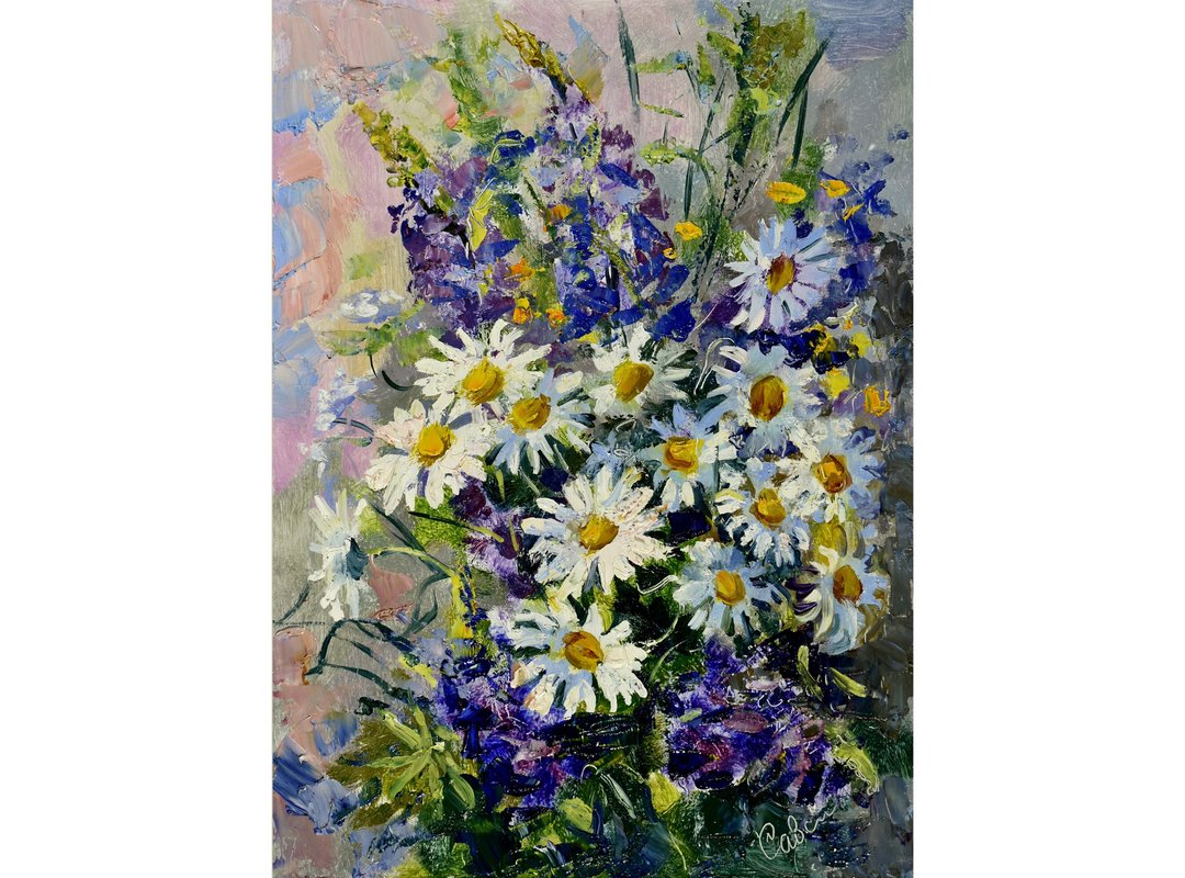 Daisy Painting Flower Original Art Bouquet Artwork 油畫原作 Floral Impressionism - 海报/装饰画/版画 - 木头 多色