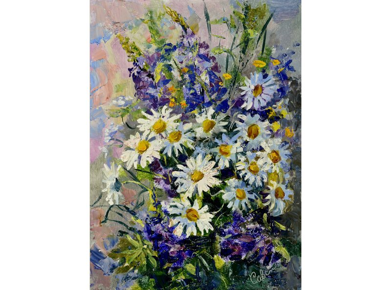 Daisy Painting Flower Original Art Bouquet Artwork 油畫原作 Floral Impressionism - 海报/装饰画/版画 - 木头 多色