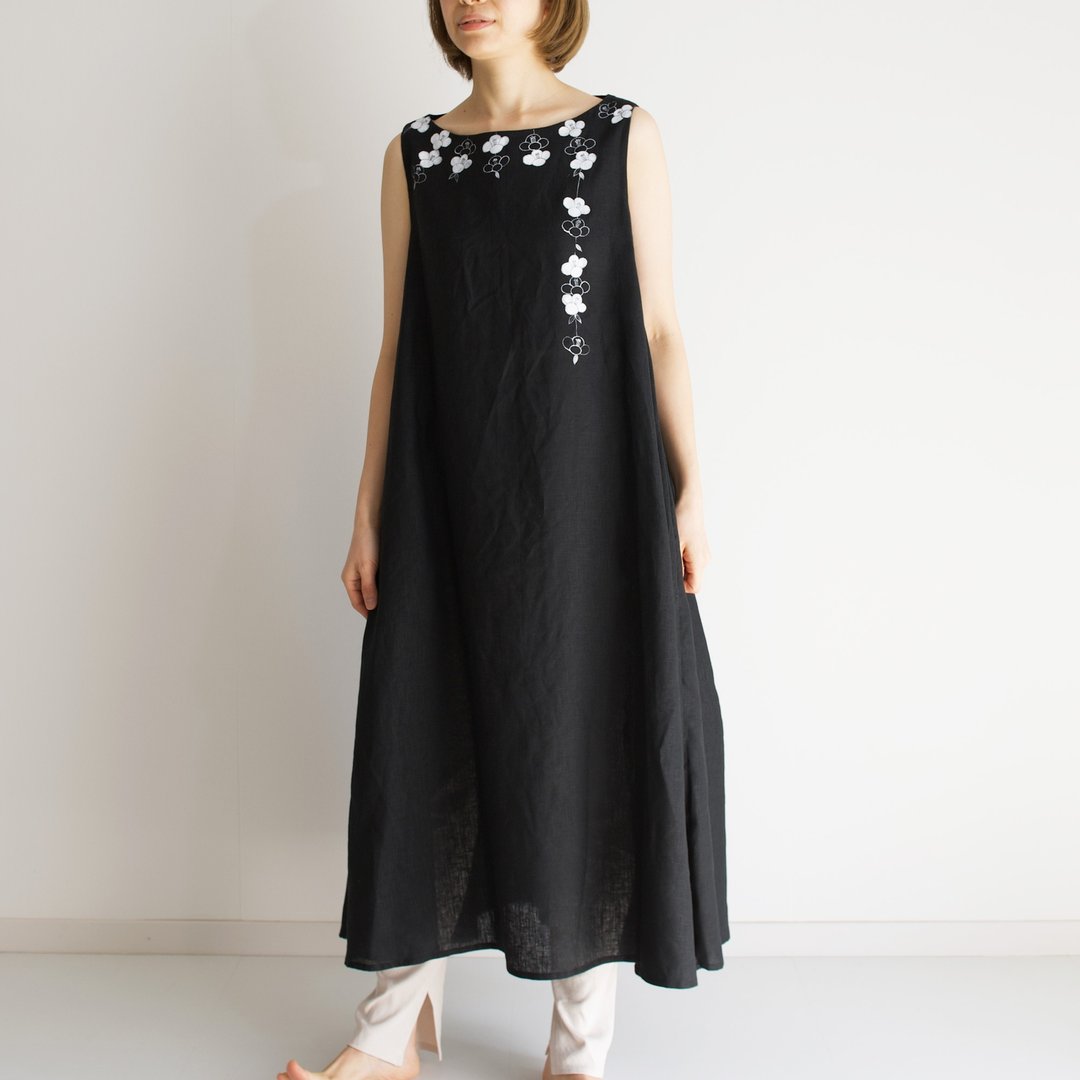 Long dress black camellia - 洋装/连衣裙 - 棉 黑色