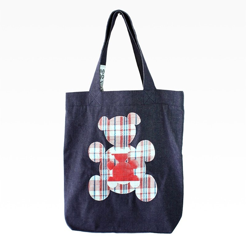 红白蓝330 X 又一山人 - 熊白蓝牛仔布袋 D (孭仔熊) 格子 - 侧背包/斜挎包 - 其他材质 