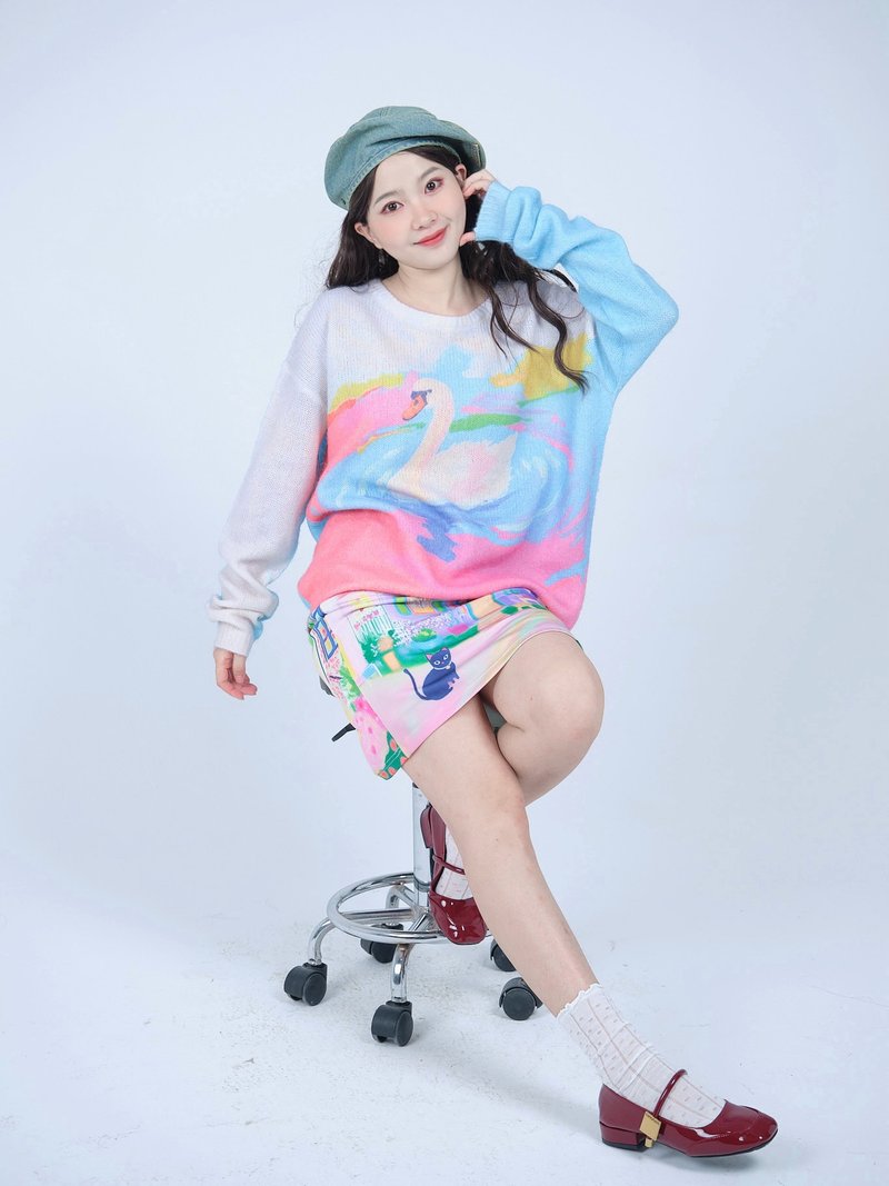 喵猫虫士多原创天鹅针织毛衣 秋冬穿搭 原創設計 日系穿搭 - 女装针织衫/毛衣 - 其他人造纤维 蓝色