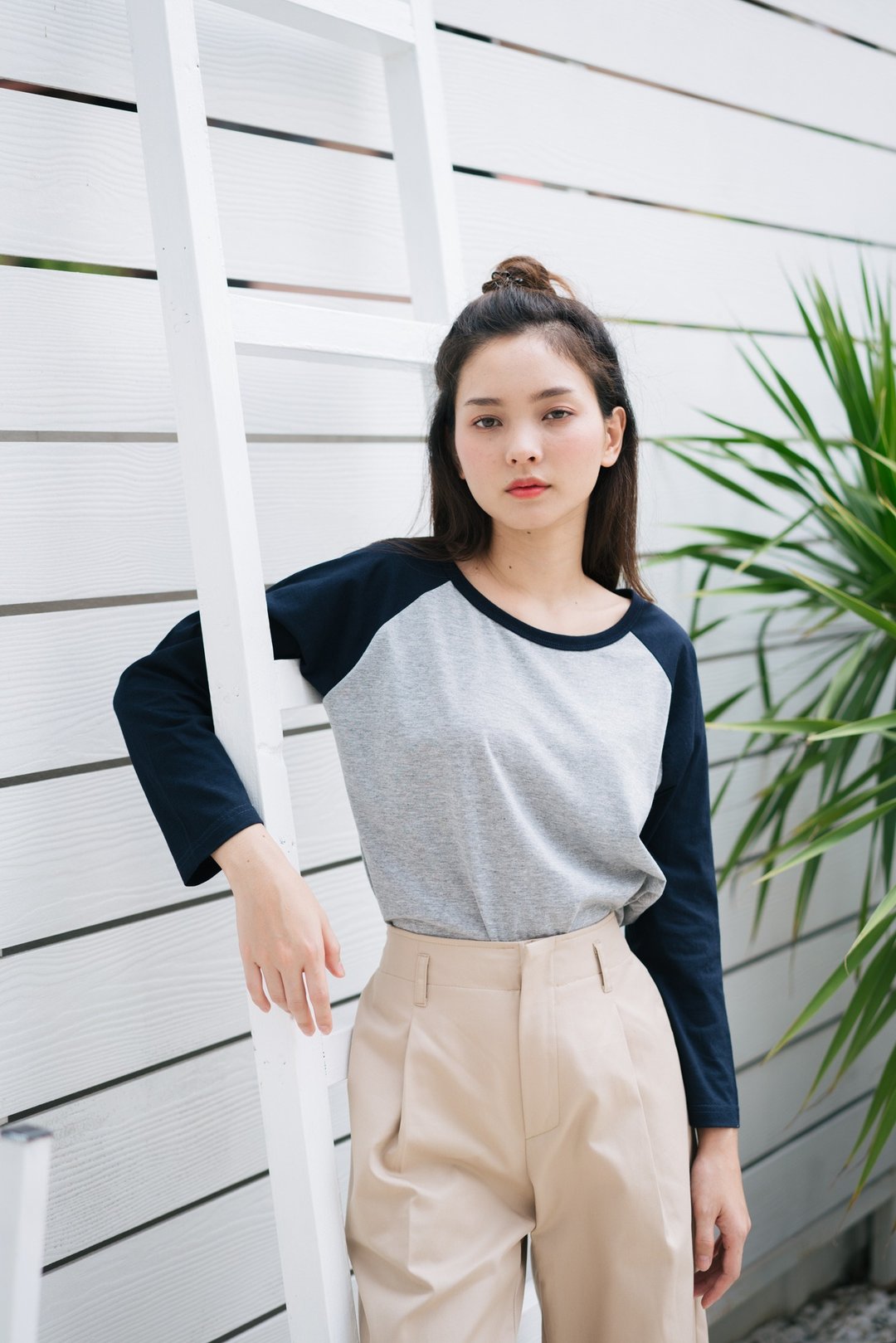 Raglan Long Sleeve T-Shirt - 女装 T 恤 - 棉 灰色