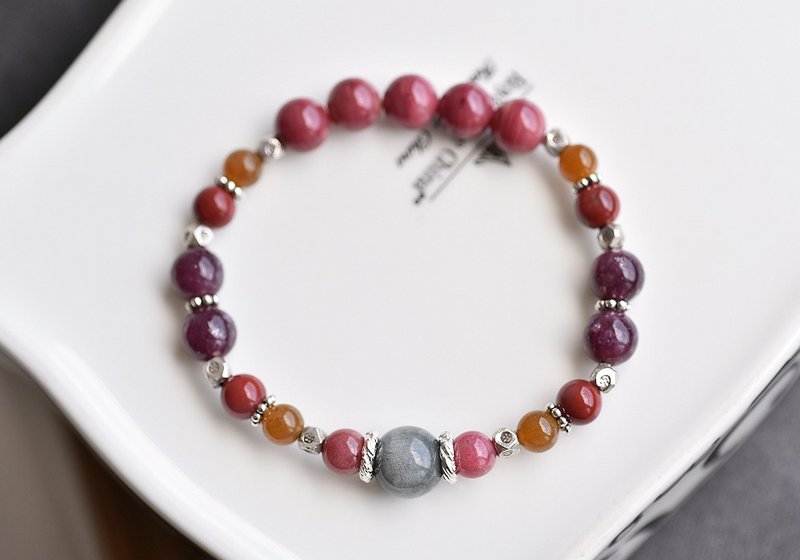 玫瑰石+锂云母+鹰眼石+和阗玉纯银手链 - 手链/手环 - 水晶 紫色