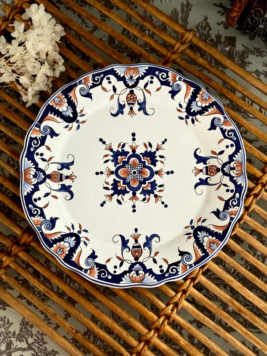 40739-绝美法国古董Rouen鲁昂手绘装饰艺术风格扇形盘缘瓷盘26cm - 盘子/餐盘/盘架 - 瓷 