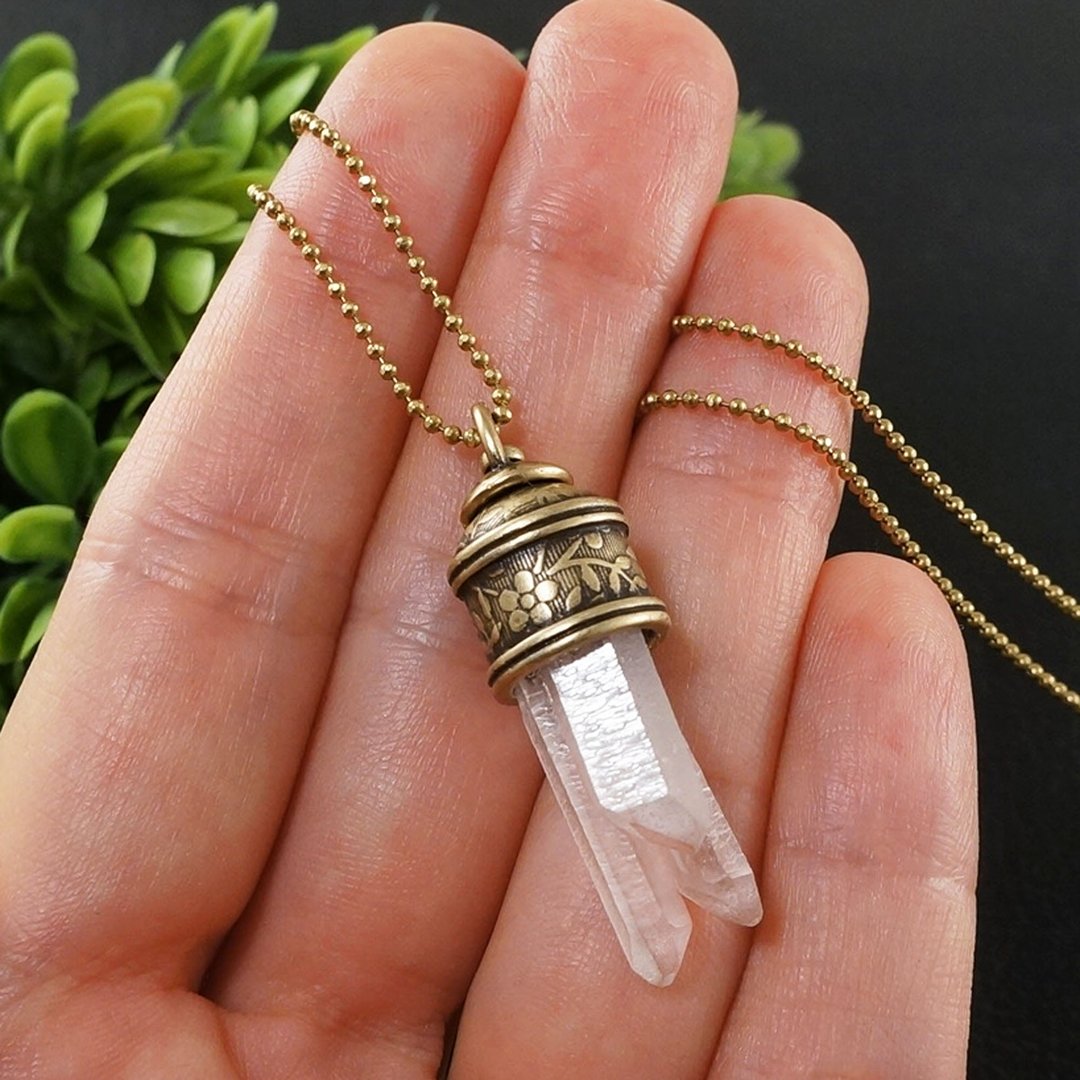 Clear White Rock Crystal Quartz Stalactite Brass Pendant Necklace Woman Jewelry - 项链 - 水晶 透明