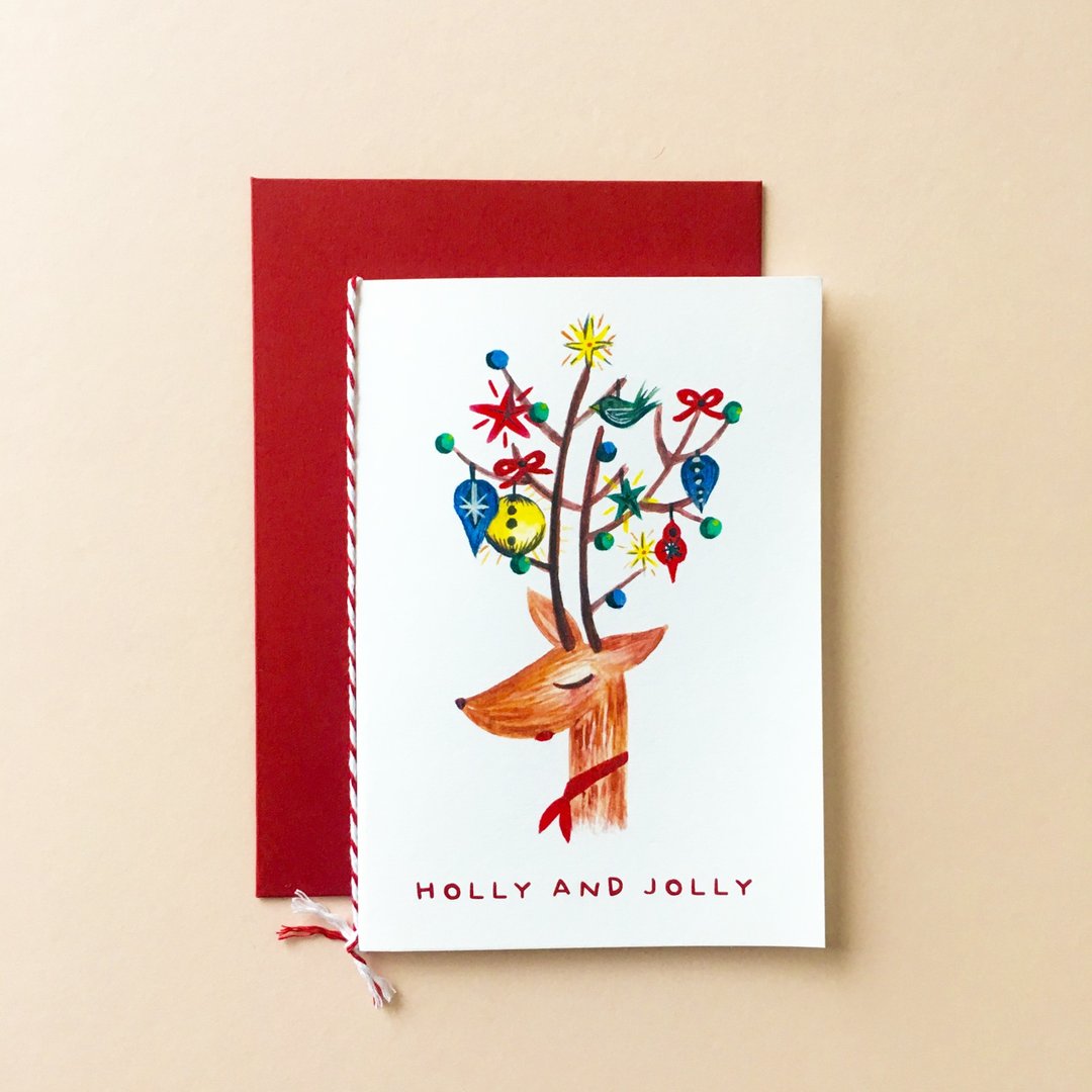 Holly and Jolly Deer Christmas Card - 卡片/明信片 - 纸 多色