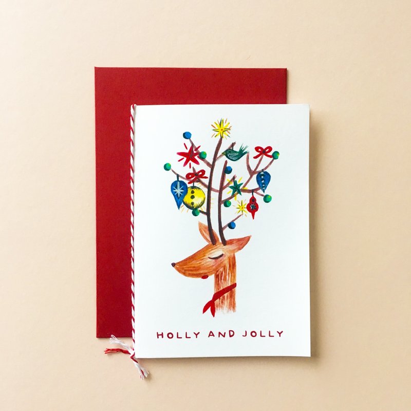 Holly and Jolly Deer Christmas Card - 卡片/明信片 - 纸 多色