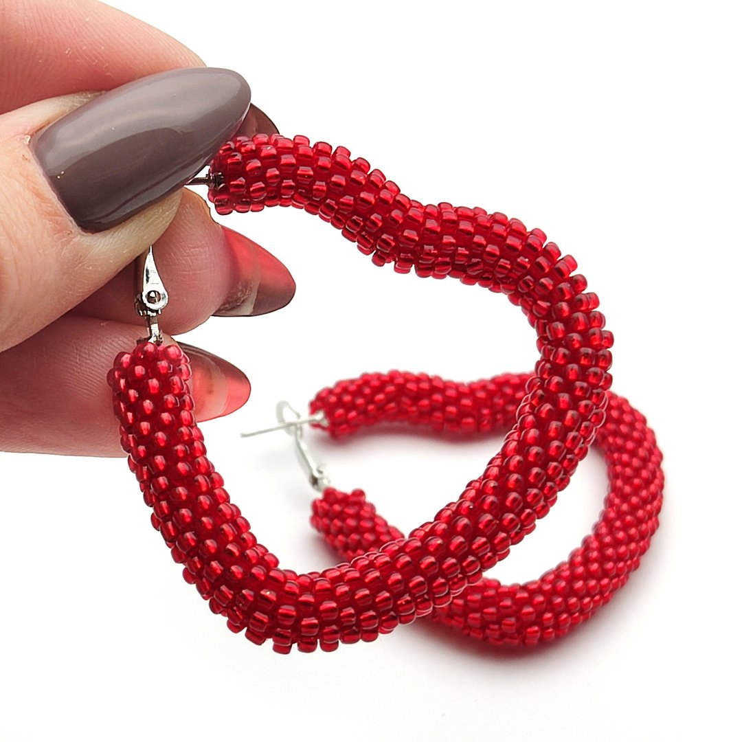 DIY手作耳環材料包, Bead crochet kit hoop earrings, Bead hoop earrings, 手工串珠編織耳環 - 编织/刺绣/羊毛毡/裁缝 - 玻璃 红色