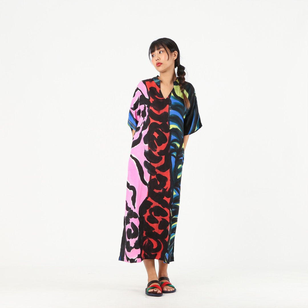 Kaftan Linen V Nack Hand Paint Free Size - 洋装/连衣裙 - 亚麻 蓝色