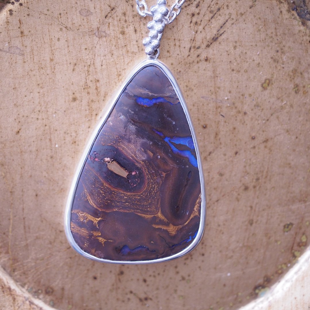 天然 砾背蛋白石 大颗 手工纯银项链 Boulder Opal - 项链 - 半宝石 咖啡色