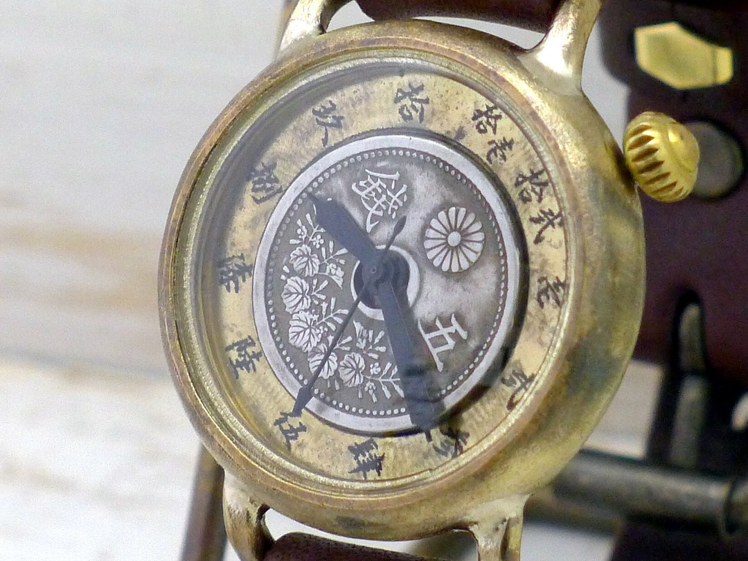 Handmade wristwatch Wanokokuyon 5 sen coin & large dial approx. 34mm Brass (377) - 女表 - 铜/黄铜 金色