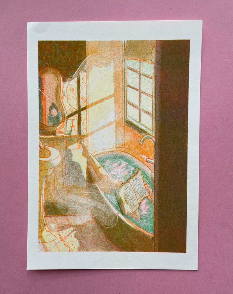 A5 Riso 原创插画印品 Sunny Bath Reading原创Risograph孔版版画 - 墙贴/壁贴 - 纸 多色