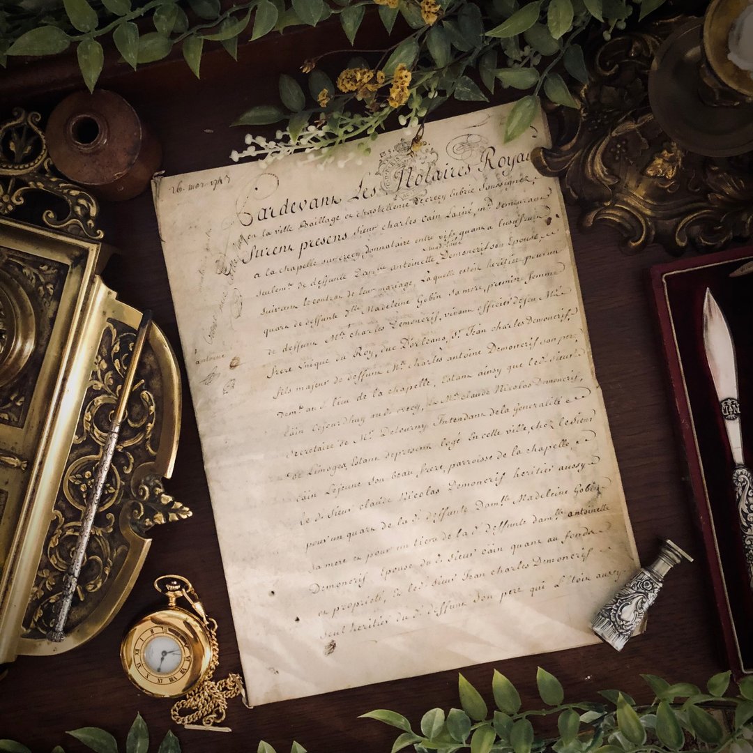 1743年法王路易十五时期法文古董羊皮纸parchment手写古卷ㄧ份 - 其他 - 真皮 卡其色