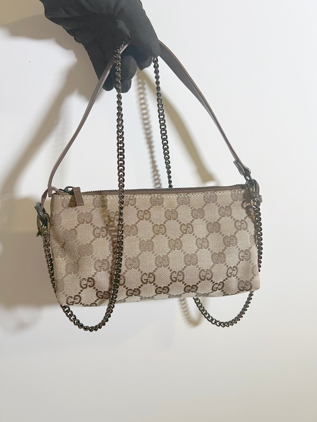 GUCCI 经典啡色老花手袋 腋下斜背侧背包 送肩带 日本中古二手 - 侧背包/斜挎包 - 其他材质 咖啡色