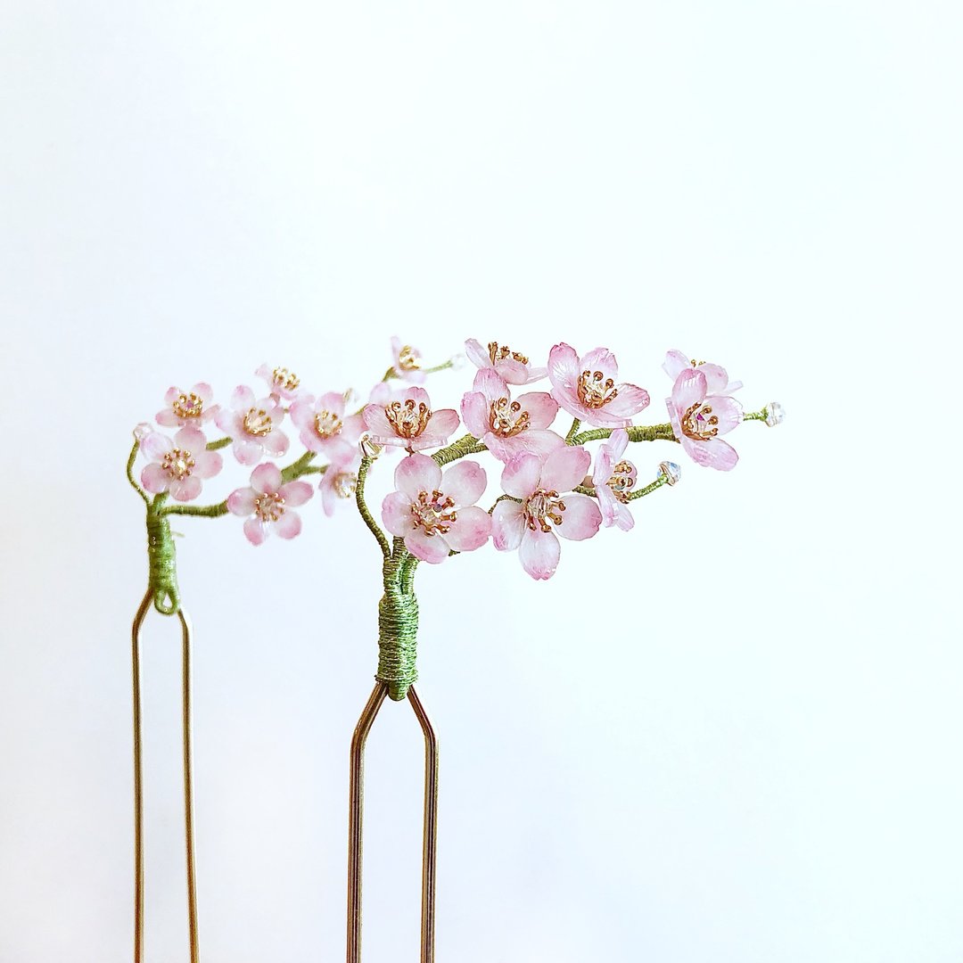 【生花】枝垂樱III若雪。樱花发簪。日本树脂花饰。十二花季-二月 - 发饰 - 树脂 粉红色